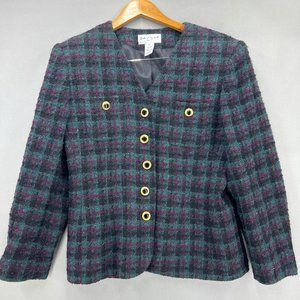 Vintage SAVILLE SUIT Women's Casual Retro Plaid Gray Button Front Blazer Size 12